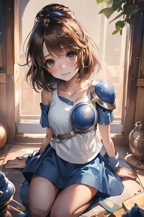 (((SFW、sound、Highest quality、first-clasasterpiece、Normal body、8k、Detailed face、Ultra-precision、Normal hand、Normal finger、5finger、Highest)))、beautiful girl、Brown Hair、Bobcut、slender、low length、thin feet、Arles Naja、Puyo Puyo、Sorcerer、Blue short-sleeved shirt...