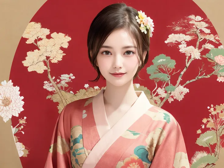 288 (20-year-old woman,Short Hair) , (A kind smile) , (kimono), (colorful), (Japanese painting by Uemura Shōen), flower