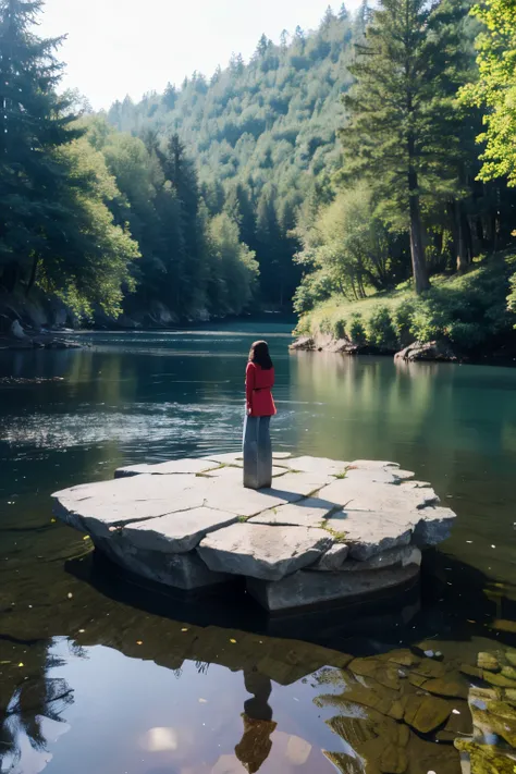 A stone platform standing on the water，Full of texture