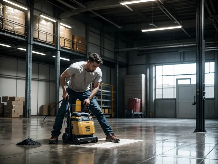 a man cleaning the floor with a floor cleaning machine, warehouse, detailed realistic 3d render, 8k, high resolution, ultra detailed, photorealistic, studio lighting, cinematic, dramatic lighting, industrial interior, concrete floor, metal shelving, fluore...