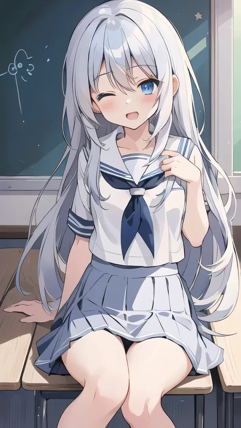 cute girl, アニメ, silver hair, straight hair, Blue eyes, (young:0.9), (small bust:0.5), (cute:1.3), (middle bust:0.8), (cute girl:1.2), cowboy shot, cute, side shot, (Smail:1.3), open mouth, backwards, (white school uniform:1.6), (dark blue skirt:1.6), ローアング...