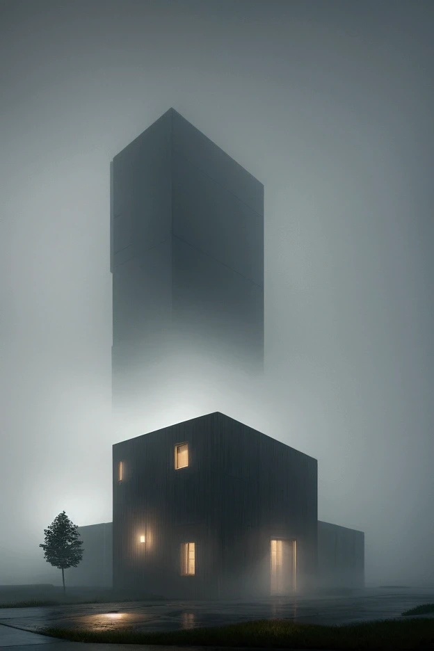 there is a small building in the fog with a light on, octane render. fog, volumetric lighting and fog, foggy volumetric lighting, subtle fog and mood lighting, volumetric fog and lighting, volume raytracing fog, gloomy cinematic lighting, cinematic atmosph...