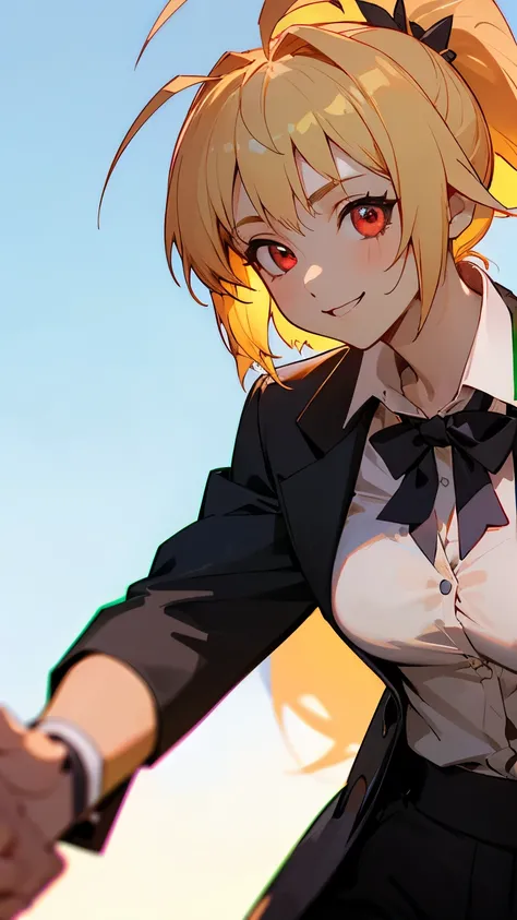 1 Girl、、Sharp focus、(Bokeh) (Highest quality) (Detailed skin:1.3) (Intricate details) (anime)、 age、Blonde ponytail、Ahoge、Beautiful red eyes、smile、White shirt、Black work trousers、Black Fitted Blazer、Slender body,Upper body close-up、Golden Hour Sky