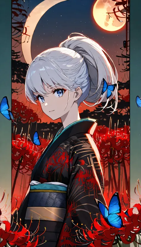 ((Blue-silver hair)), ((Half-up hairstyle)), ((Dark blue eyes)))(((Black kimono with blue butterfly pattern)))(((Red moon at dusk in the background))((((Red spider lilies in full bloom in the background))))