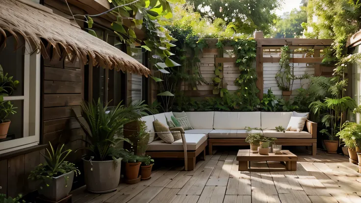 Create a realistic outdoor terrace scene with eco-friendly clay or ceramic pots, full of lush green plants, like ferns and succulents. The terrace is decorated with natural materials such as recycled wood and stone details., and the evening light gently il...