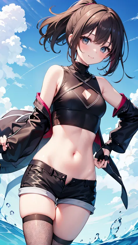 ,Haircuts, pixie cut,
BLAKE crop top, fingerless gloves, fishnet Thighhighs, fishnet,, gloves, head band, belly button, very_short_shorts, shorts, single sleeve, No sleeve, No sleeve turtleneck, Thighhighs, turtleneck, darkbrown_hair,
、blue sky、smile, solo...