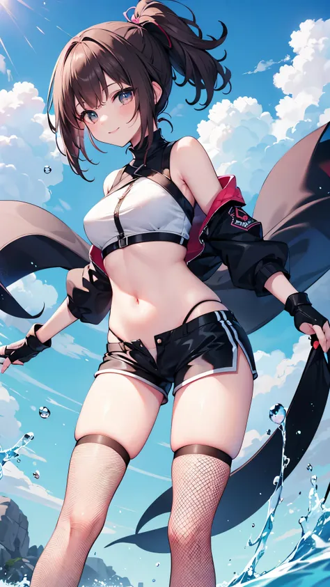 ,Haircuts, pixie cut,
BLAKE crop top, fingerless gloves, fishnet Thighhighs, fishnet,, gloves, head band, belly button, very_short_shorts, shorts, single sleeve, No sleeve, No sleeve turtleneck, Thighhighs, turtleneck, darkbrown_hair,
、blue sky、smile, solo...