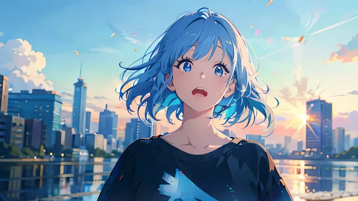 Illustrator, anime , Realistic ,sketch , Abstract sunshine background、Body、1 girl, ,Looking up at the sky, I scream、lip, sweater,order, White gradient background, Blue Hair,Short Bob、blackｔshirt、Textured Trim, Canadian, (masterpiece,Highest quality) Cancer