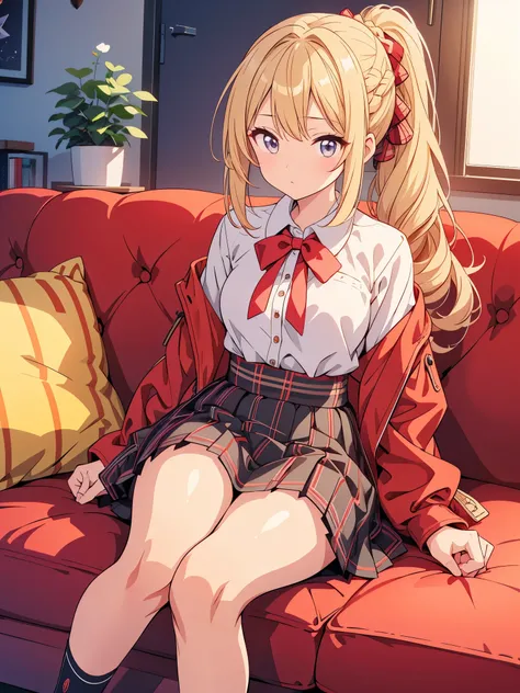 Anime girl sitting on the sofa　In 8K、Highest quality、Highest quality、masterpiece、Ultra high definition、Ultra-high resolution、(1 person))、With a girl、uniform、ponytail、blonde、Braided Hair、Makeup、Checkered mini skirt、one&#39;s home、Sitting on the floor、With l...