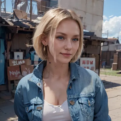 1girl, solo, android 18, blonde hair, blue eyes, short hair, jewelry, earrings, smile, jacket, looking to the side, denim, denim jacket, upper body, lingerie, closed mouth, cloud, sky, day, looking away, blue sky, collarbone,