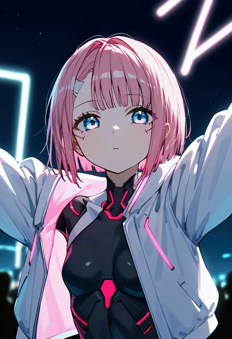 nai3, **Description:** cute anime girl, natural facial expression, short pink bob cut hair, asymmetrical bangs, black body suit with pink and grey accents, white and pink jacket, open with sleeves hanging, black belt with various compartments, minimal hair...