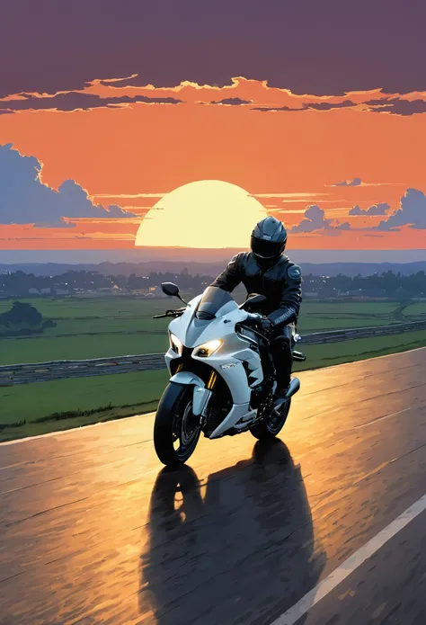 (Minimalism:1.4), Draw a simple Tintin style art of a Kawasaki Ninja h2r motorbike track sunset clouds , studio ghibli art, miyazaki,  , Makoto Shinkai!!, anime movie background best quality best of SeaArt HD
