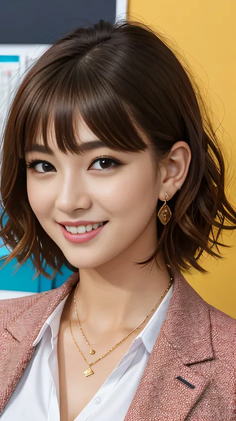 RAW Photo High Resolution, Very detailed, Intricate details, 、ear piercing、、Short Hair、Dark Brown Hair、Office Lady Suits 、smile、jacket、shirt、Heavy makeup、Necklace around the neck、, The background is an office
