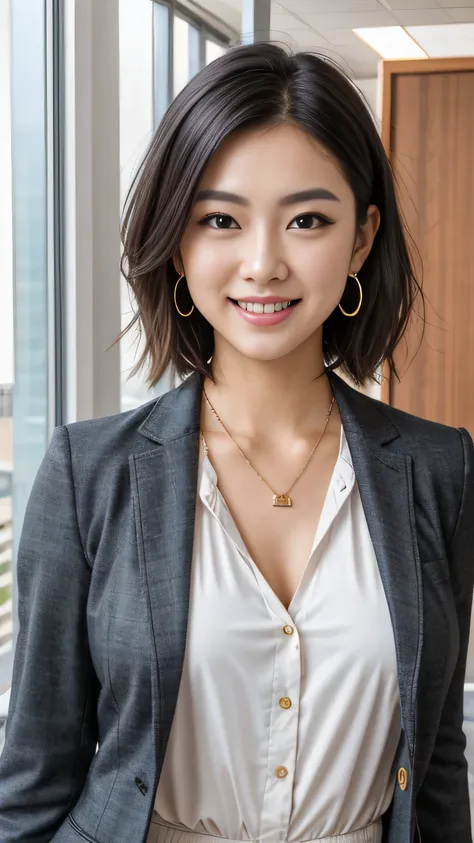 raw photo high resolution, very detailed, intricate details, 、ear piercing、、short hair、black hair、office lady suits 、smile、jacke...