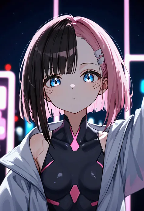 nai3, **description:** cute anime girl, natural facial expression, short pink bob cut hair, asymmetrical bangs, black body suit ...