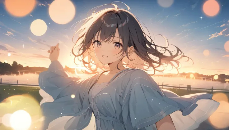 The pale lines and soft colors create a dreamy, fleeting impression..,((lens flare, bokeh, foreshortening, depth of field, sparkle, reflection light)), a park at dusk, a girl turning around,((the outline of her body shines in the backlight)), dazzling back...