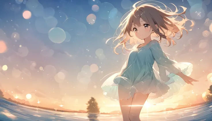 The pale lines and soft colors create a dreamy, fleeting impression..,((lens flare, bokeh, foreshortening, depth of field, sparkle, reflection light)), a park at dusk, a girl turning around,((the outline of her body shines in the backlight)), dazzling back...