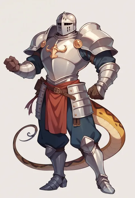 A knight wearing full body armor reminiscent of a snake　Full face helmet with metal tail　In his hand he holds a wavy sword