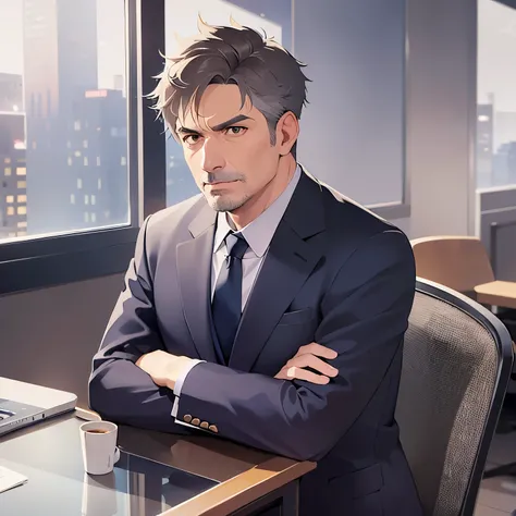 side angle,Arms crossed、
serious,angry,
masterpiece、high quality、(A 50-year-old man with short grey hair and brown eyes:1.5)、Wearing a grey suit、
The background is the conference room、Alone、Bold composition、Sitting