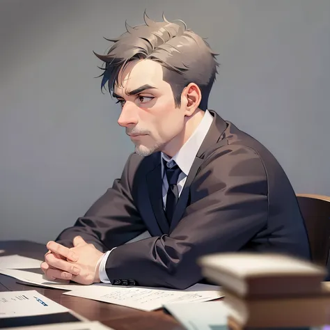 side angle,(looking away:1.5),Arms crossed、
serious,angry,
masterpiece、high quality、(A 50-year-old man with short grey hair and brown eyes:1.5)、Wearing a grey suit、
The background is the conference room、Alone、Bold composition、Sitting