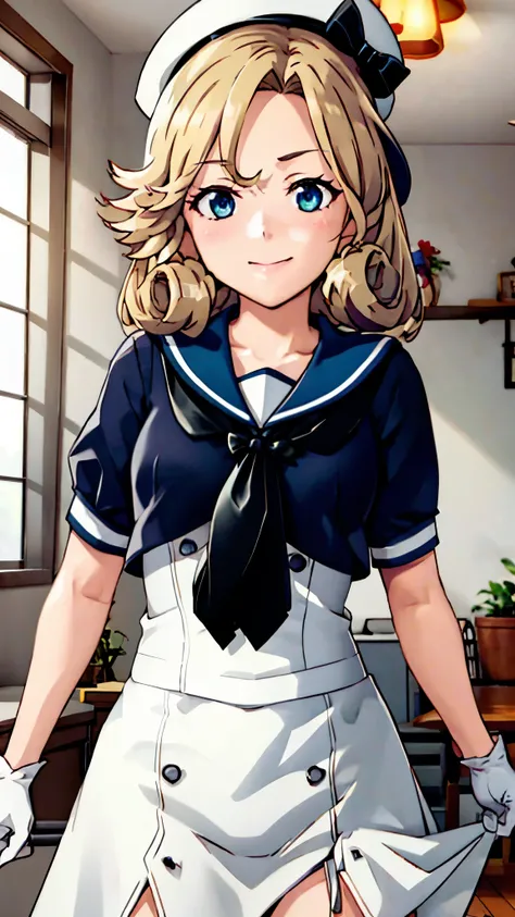 (masterpiece), (Best Quality), (Super detailed), Realistic, (Very delicate and beautiful)　(Kantai Collection_Janus)　janusKC, 1girl, Alone　(Children)　Short Hair, Blonde　gloves, hat, dress, Short sleeve, 白いgloves, Sailor collar, 白いdress, Bangs, White headwea...