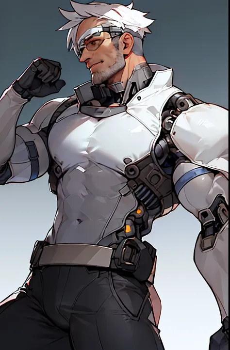 (high quality, masterpiece) , mature men, white skin, toned body, cybernetic arms and shoulders, lglasses visors on eyes, fighter pants, long jacket, 