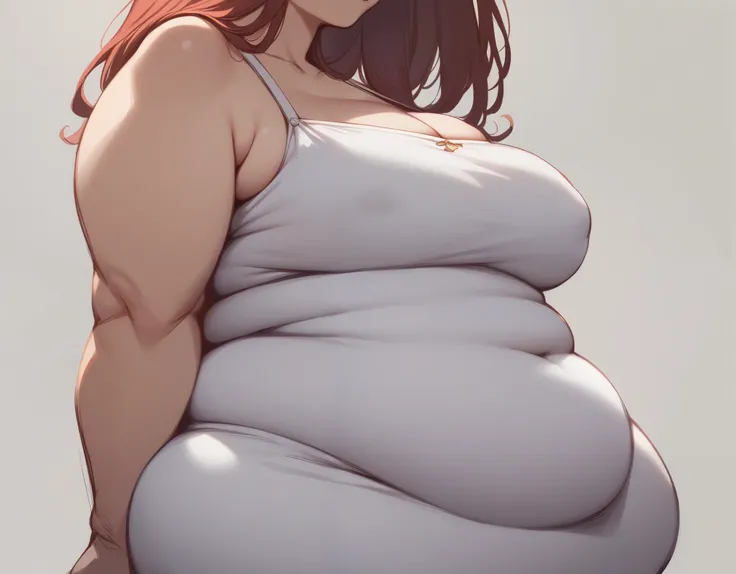 A ((human woman sorceress )) (excited happy emotions:1.1) tavern background, tight undersized dress, cleavage,  breast outline, close up, ((immobile)) ,realistic anime style, fat rolls, weight gain, off balance,  standing, thicc fat arms, thicc fat legs, (...