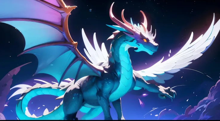 a dragon whose wings are large nebulae, shedding iridescent light wherever it goes, underneath which is a dense forest of trees