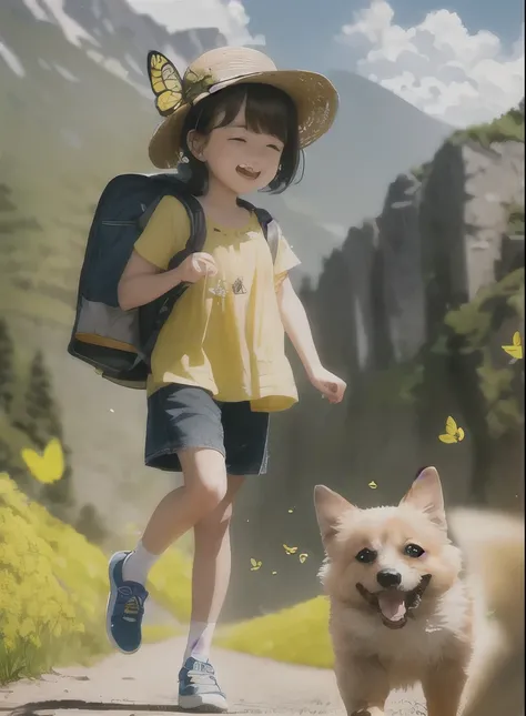 An incredibly charming  carrying a backpack, accompanied by her adorable puppy, enjoying a lovely spring outing surrounded by beautiful yellow flowers and natural scenery. The illustration is in high definition at 4k resolution, with highly-detailed facial...