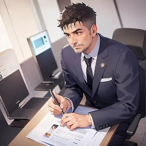 side angle,(looking away:1.5),Arms crossed、
serious,angry,
masterpiece、high quality、(A 50-year-old man with short grey hair and brown eyes:1.5)、Wearing a grey suit、
The background is the conference room、Alone、Bold composition、Sitting