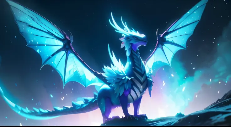 a dragon whose wings are large nebulae, shedding iridescent light wherever it goes, underneath which is a dense forest of trees,...