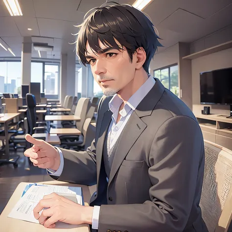 (looking away:1.5),side angle, pointing at viewer,angry,open mouth, masterpiece、high quality、(A 50-year-old man with short grey hair and brown eyes:1.5)、（Wearing a grey suit：1.5）、 The background is the conference room、Alone、Sitting