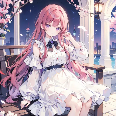 ((Best Quality)), ((masterpiece)), (detailed), One girl, Red Hair, Dark purple eyes, Semi-long hair, White dress