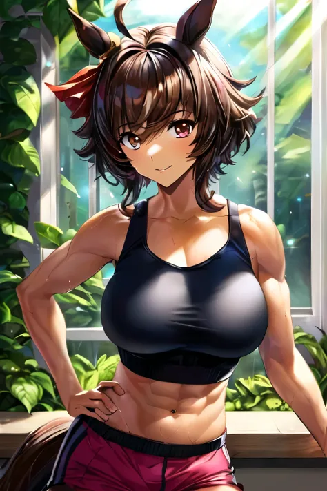 anime girl with a horse ears and a black top, muscular girl, makoto, seductive anime girl, detailed digital anime art, anime moe...