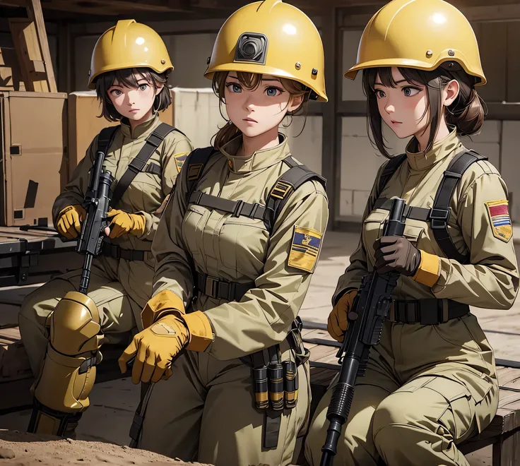 A group of female soldiers all wearing yellow earth-colored uniforms，Wear a helmet、Thermal gloves、Military Pants、Knee pads、Holding a gun、military camp、Write details、masterpiece、Best quality、Highly detailed CG、8K quality