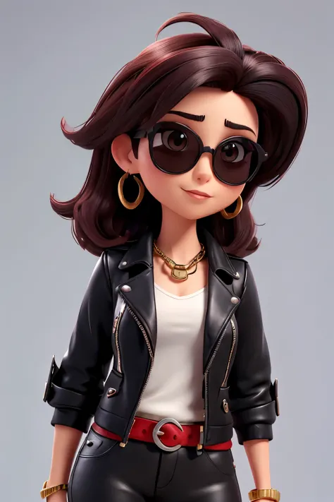 A gorgeous woman with a bold look and rocker style, her head raised high, exuding confidence. She has dark hair and wears round sunglasses. Her lips are painted in a vibrant red. She is dressed in a black leather jacket with metallic details and wears a th...