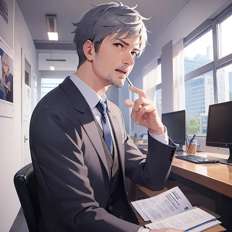 (looking away:1.5),side angle, pointing at viewer,angry,open mouth, masterpiece、high quality、(A 50-year-old man with short grey hair and brown eyes:1.5)、（Wearing a grey suit：1.5）、 The background is the conference room、Alone、Sitting