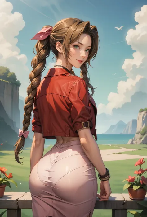 perfect eyes:1.2, detailed eyes:1.4, smile, aerith gainsborough, brown hair, braided ponytail, long hair, green eyes, hair ribbon, red jacket, cropped jacket, bow, choker, long pink dress, cowboy shot, 1girl, solo, (masterpiece:1.6, best quality), 8k, insa...