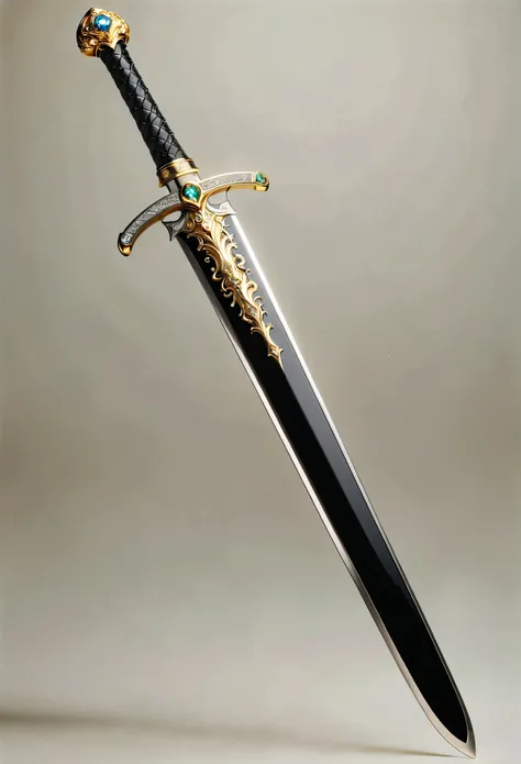 photorealistic fantasy-style image of a beautiful long sword, black metal sword blade with gold-engraved lettering and two-handed platinum and gemstone handle