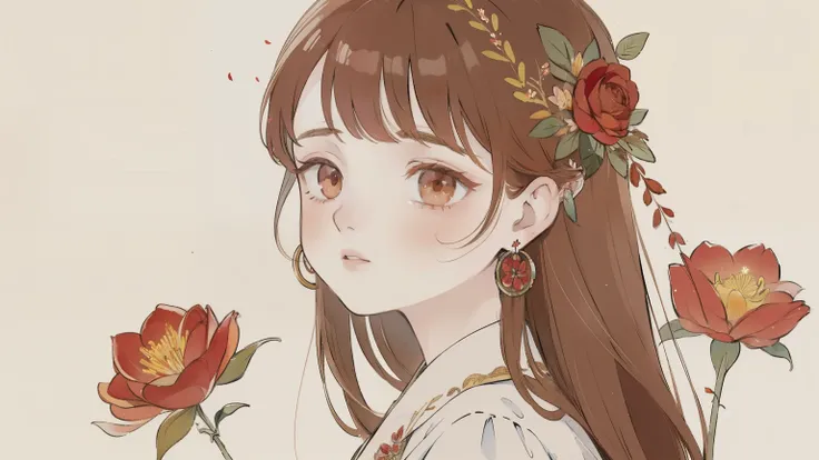 (aquarelle:1.2),1girll, Solo, flower, rosette, sportrait, Foliage, By bangs, signatures, Red flower, A brown-haired, long whitr hair, with brown eye, Flower earrings