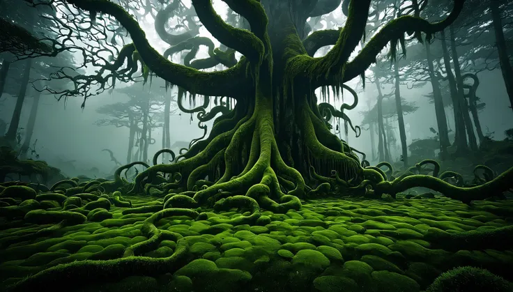 Highest quality, masterpiece, high resolution, landscape、fantasy、(A forest ruled by giant demonic trees)、moss、swamp、FOG、In the shade、Woodgrain Tentacles、