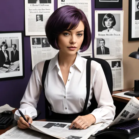 ((detailed body)) ((Photo realistic)) ((masterpiece), woman with short bob hair color purple, woman writer behind a desk typing on a computer. Front shot of the woman from the desk, wall with newspaper clippings. Clothing white blouse and black skirt.