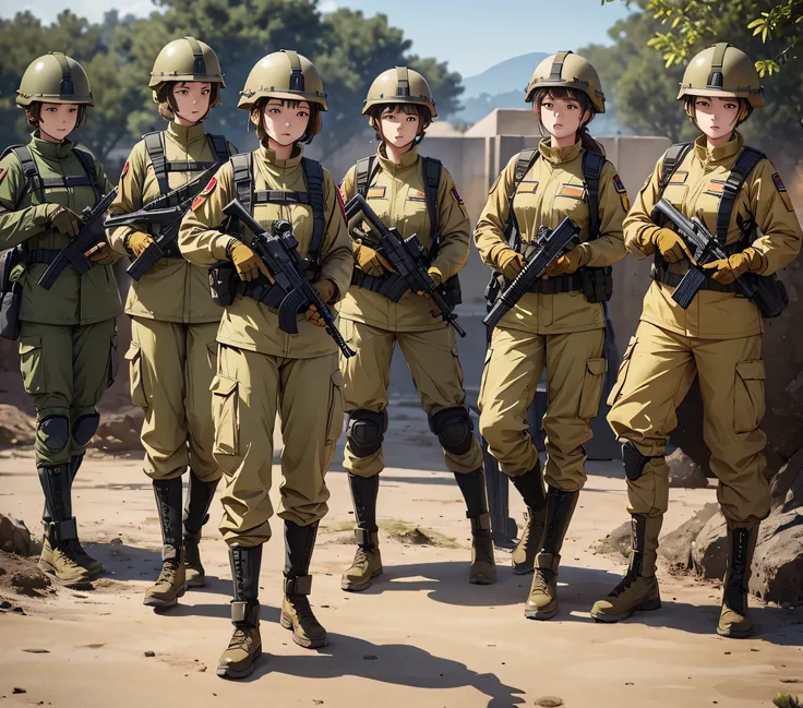 Five female soldiers all wearing yellow earth-colored uniforms，Wear a helmet、Thermal gloves、Military Pants、Knee pads、Standing guard with gun、Write details、masterpiece、Best quality、Highly detailed CG、8K quality