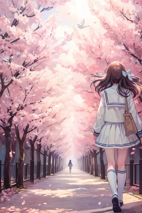 {worst quality, low-quality}, Illustration of a girl wearing a sailor suit walking along a row of cherry blossom trees, masutepiece, Best Quality, ultra-detailliert, ​masterpiece, masutepiece, Best Quality, ultra-detailliert, ​masterpiece,