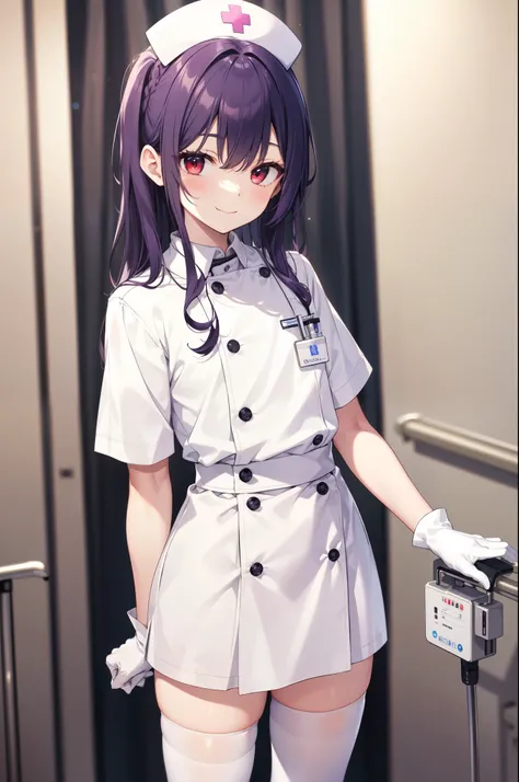 1boy, solo, male focus, nurse, white nurse cap, white nurse uniform, ((white legwear, zettai ryouiki)), white gloves, long hair, purple hair, red eyes, smile, standing, ((hospital room)), sharp outline, short sleeves, shota, 12yo, best quality, masterpiece