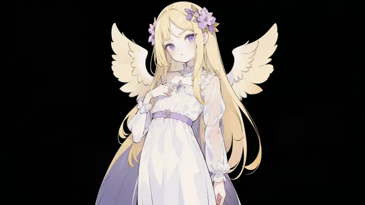 1 full-length portrait of a girl, angelicales, Angel Wings, Gorgeous long dress, Stand on both feet, (((solo))), Clear facial features, simple line design, ((Pure black background)), Tarot card design, Character portrait, ((Flat coating)), (tmasterpiece,Hi...
