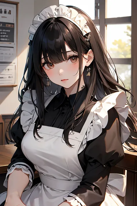 best quality, highres,Slender、Brown eyes、tall、Black Hair、(Long Hair:1.3),(Straight Hair:1.3)、(Bangs:1.3)、7th life、(Maid uniform:1.2)、slouch、Looking up、Thick lower eyelashes、classroom、
