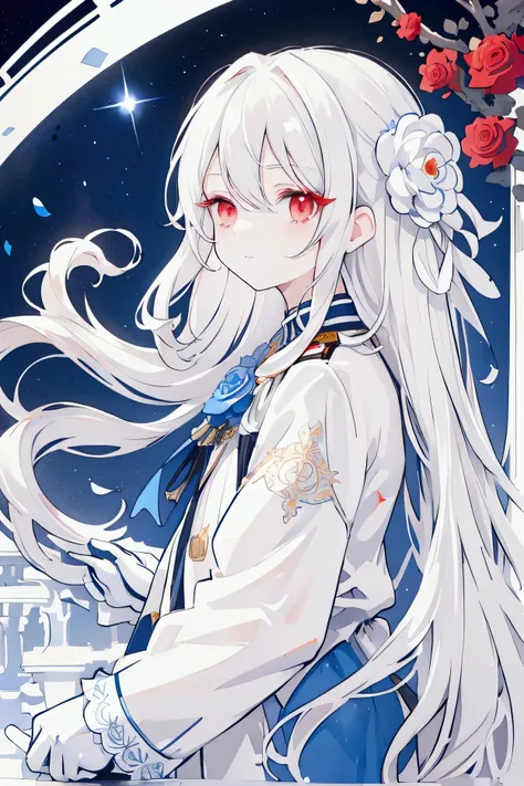 slightly wavy white hair, long hair, white eyelashes, red eyes, timid personality, clothes with blue roses,solo, 1, wearing gloves, Elegant and cute
