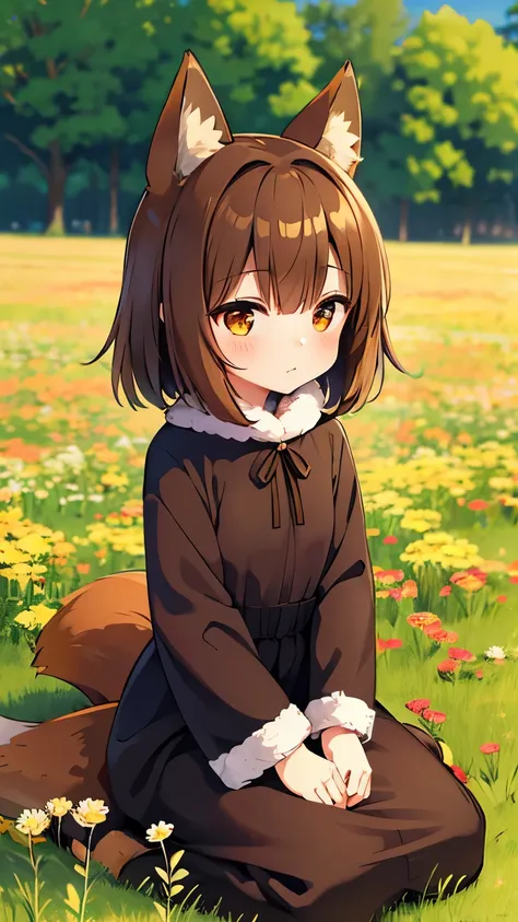 Fox, (Monster Girls), With long brown ears、The inside is dark brown。, Brown fur, Tan neck hair, Brown fluffy tail with tan tip, Big brown eyes, Modest clothing, Sitting in a flower field, masterpiece, Best Quality