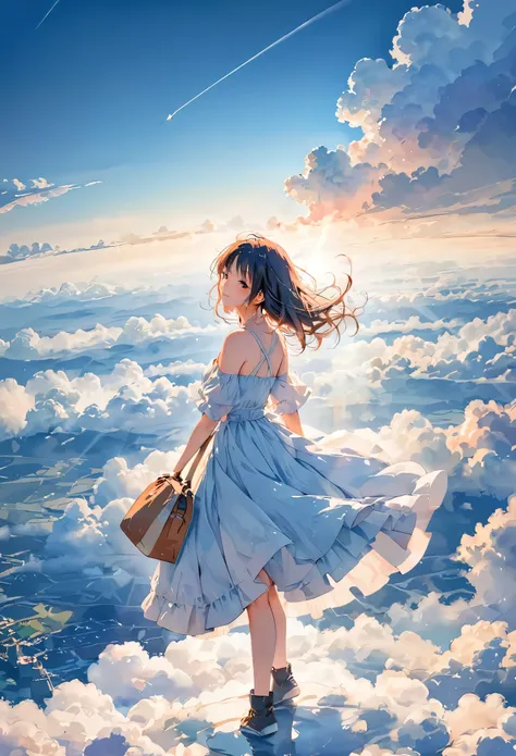 (Watercolor style, Spectrum Art) + A majestic world above the clouds、パノラマViewが広がる + Costume bag (View) + (flow + Subtle reflection) + (blend + Scattered) + (Light and shadow are clear + Swaying Dynamic), Beautiful face girl、Soaring into the sky, standing o...